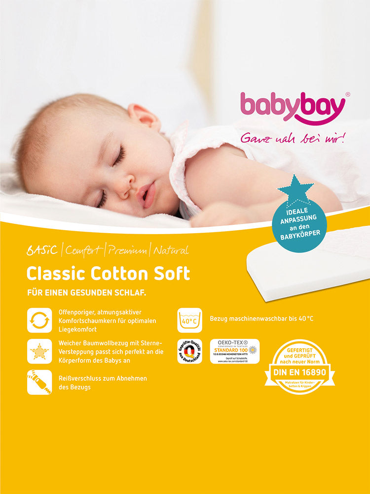 Babybay Classic Cotton Soft skummadras passer til den firkantede bedside crib: Babybay Midi. 