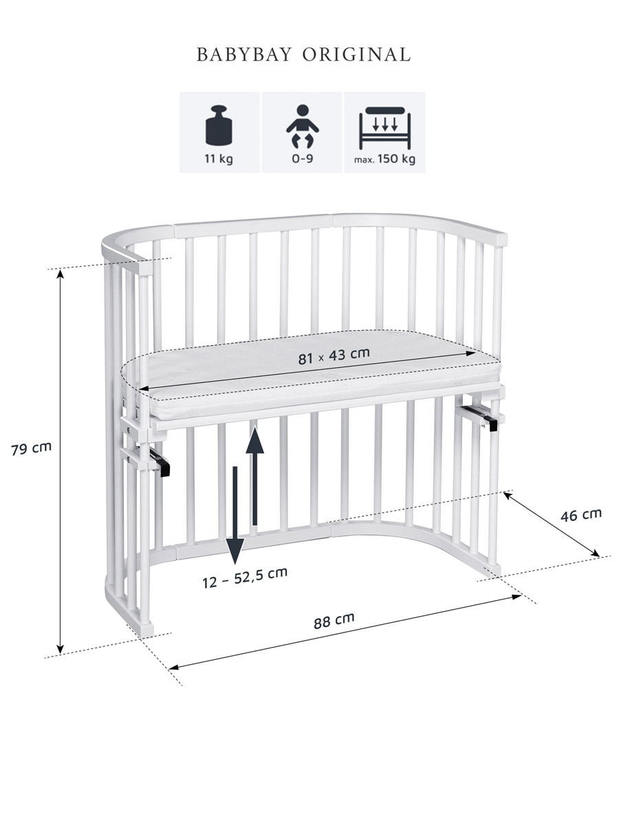 Mål på  Babybay Original bedside crib